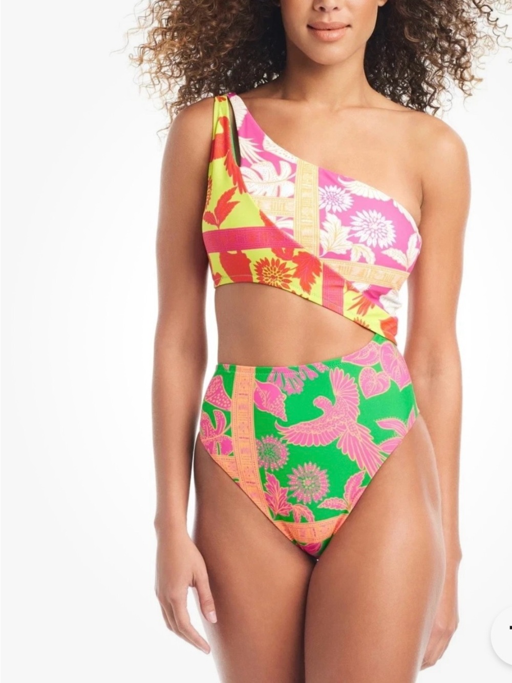 Bar III One-Shoulder Green Pink Yellow Printed High-Waist Bikini